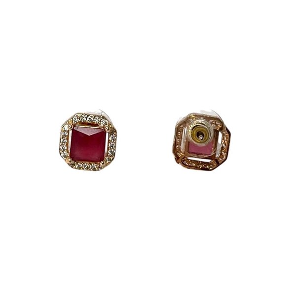 Elegant Ruby Red & Diamond-Look Halo Stud Earrings Gold-Tone Classic Fashion - Picture 5 of 6